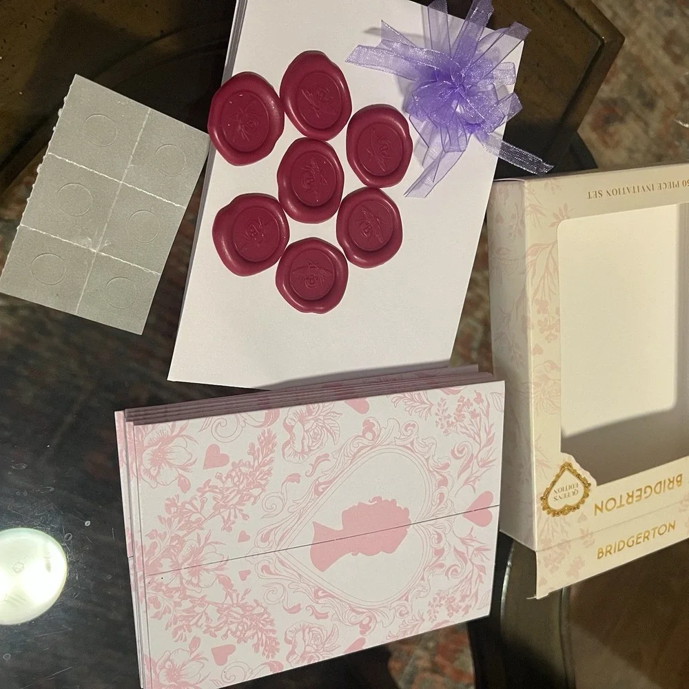 Bridgerton Pink & White Blank Invitation 6 ct Set Cards, Envelopes,Ribbon & Seal